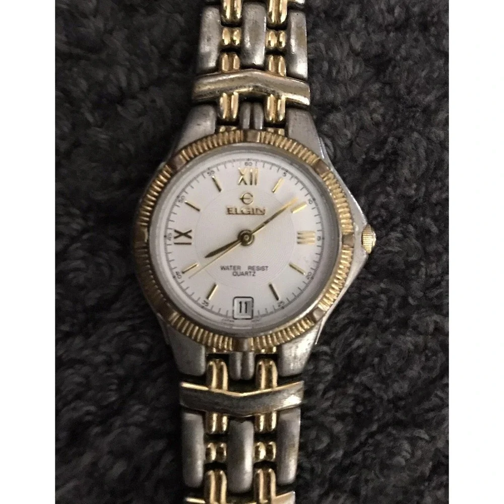 Elgin Steel Watch Women‎ Ladies Silver Gold Two Tone Date Needs Battery Untested